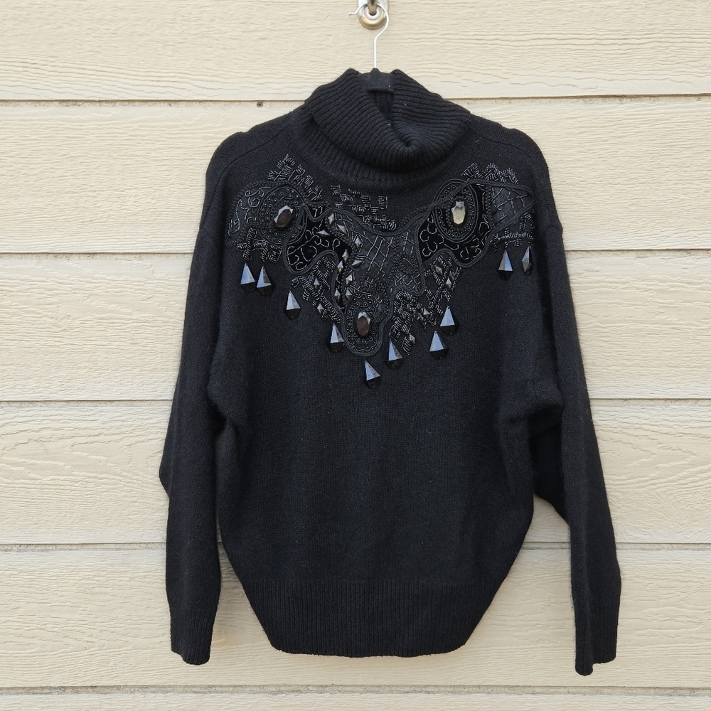 vintage IB Diffusion black beaded turtleneck sweater silk wool angora large
